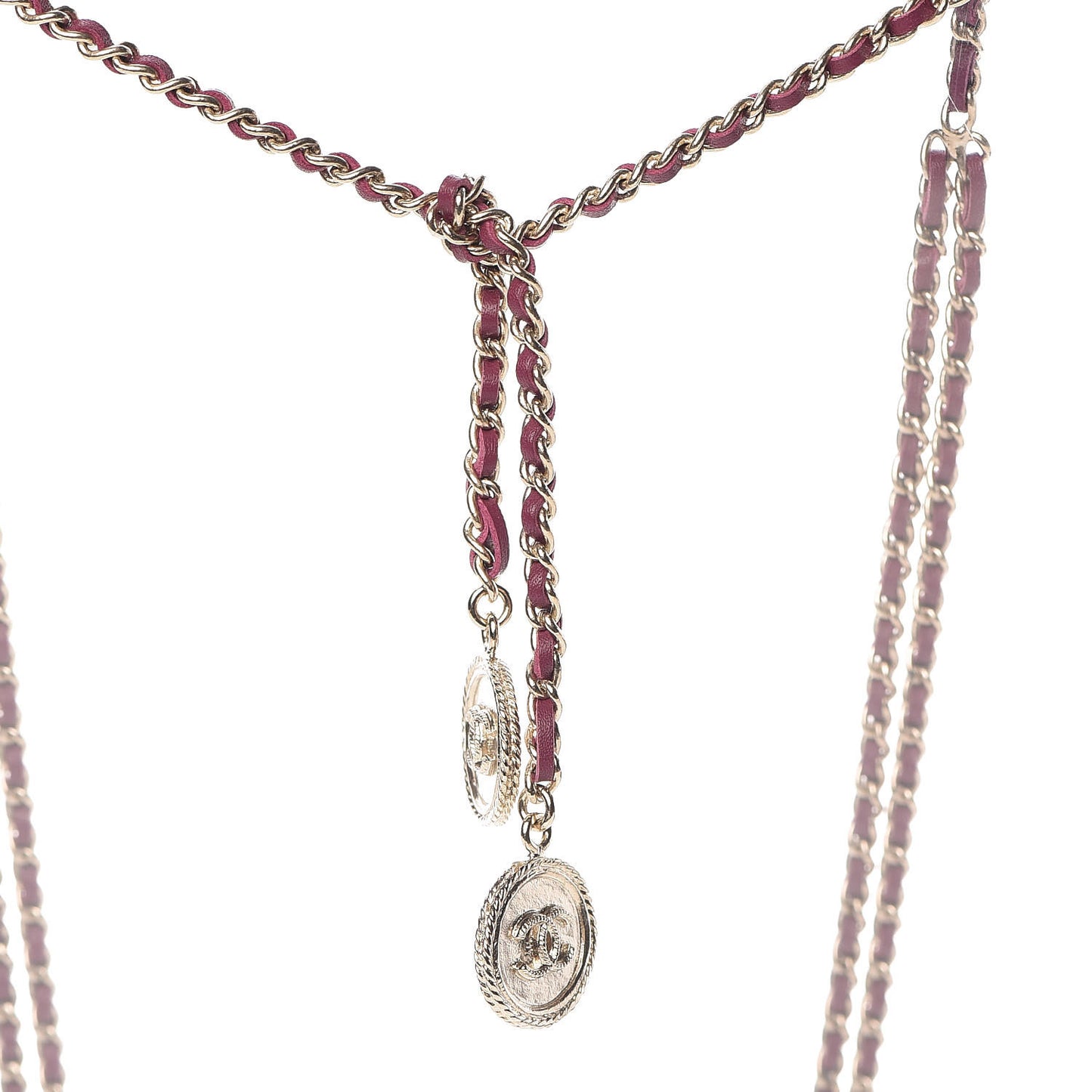 Metal Lambskin CC Chain Link Necklace Gold Burgundy