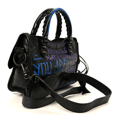 Balenciaga Agneau Arena Graffiti All Over Classic Hardware Mini City Black Bleu Violet 3 of 11