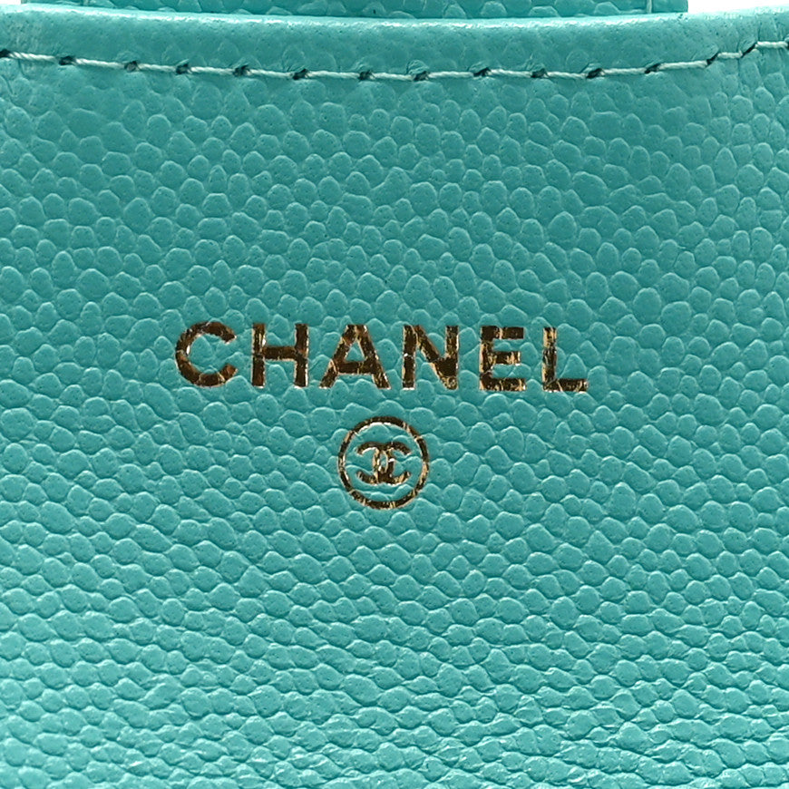 Caviar Quilted Flap Card Holder Wallet Turquoise