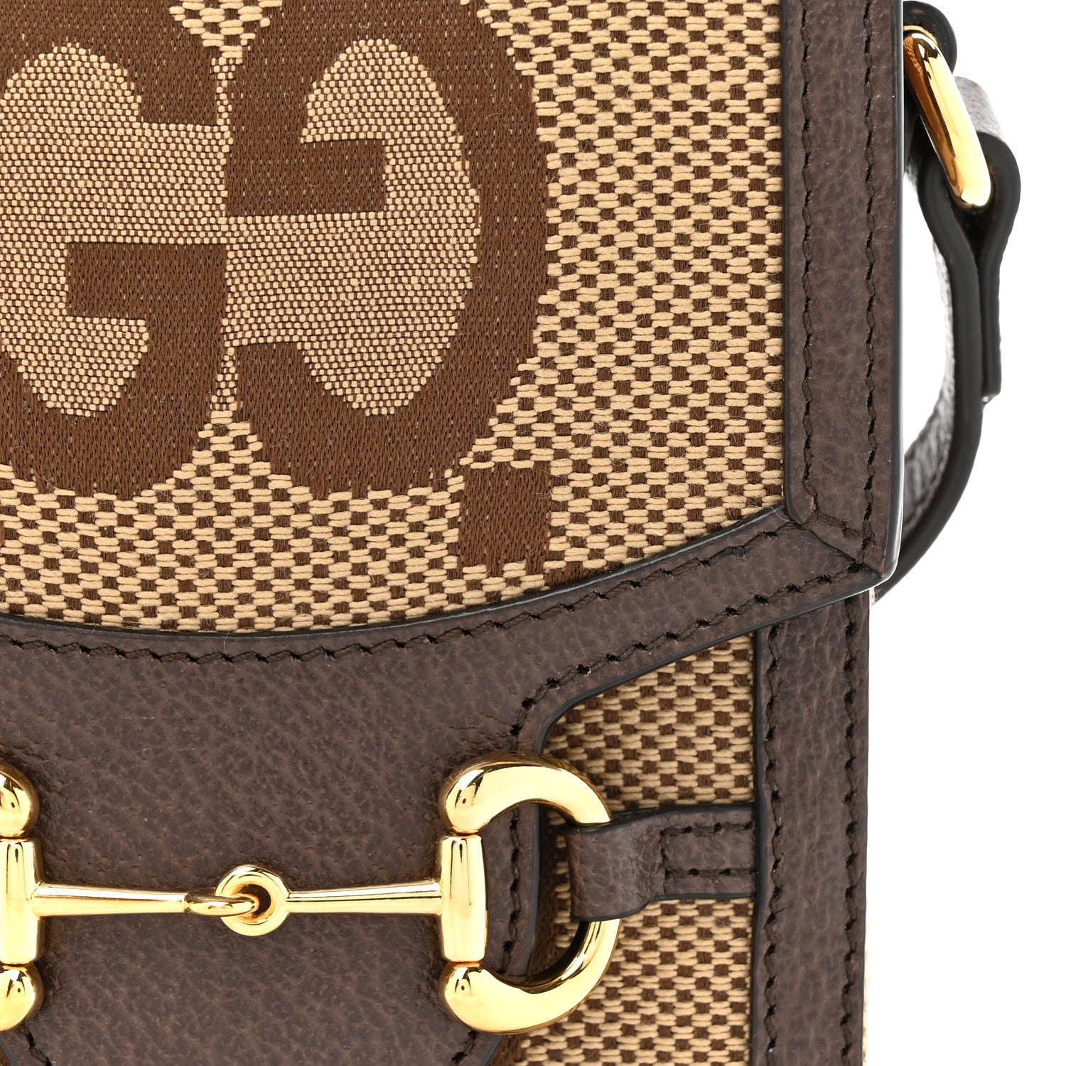 Gucci Monogram Jumbo GG Textured Dollar Calfskin Mini Horsebit 1955 Crossbody Bag Camel Ebony New Acero 8 of 11