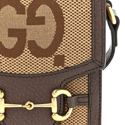 Gucci Monogram Jumbo GG Textured Dollar Calfskin Mini Horsebit 1955 Crossbody Bag Camel Ebony New Acero 8 of 11