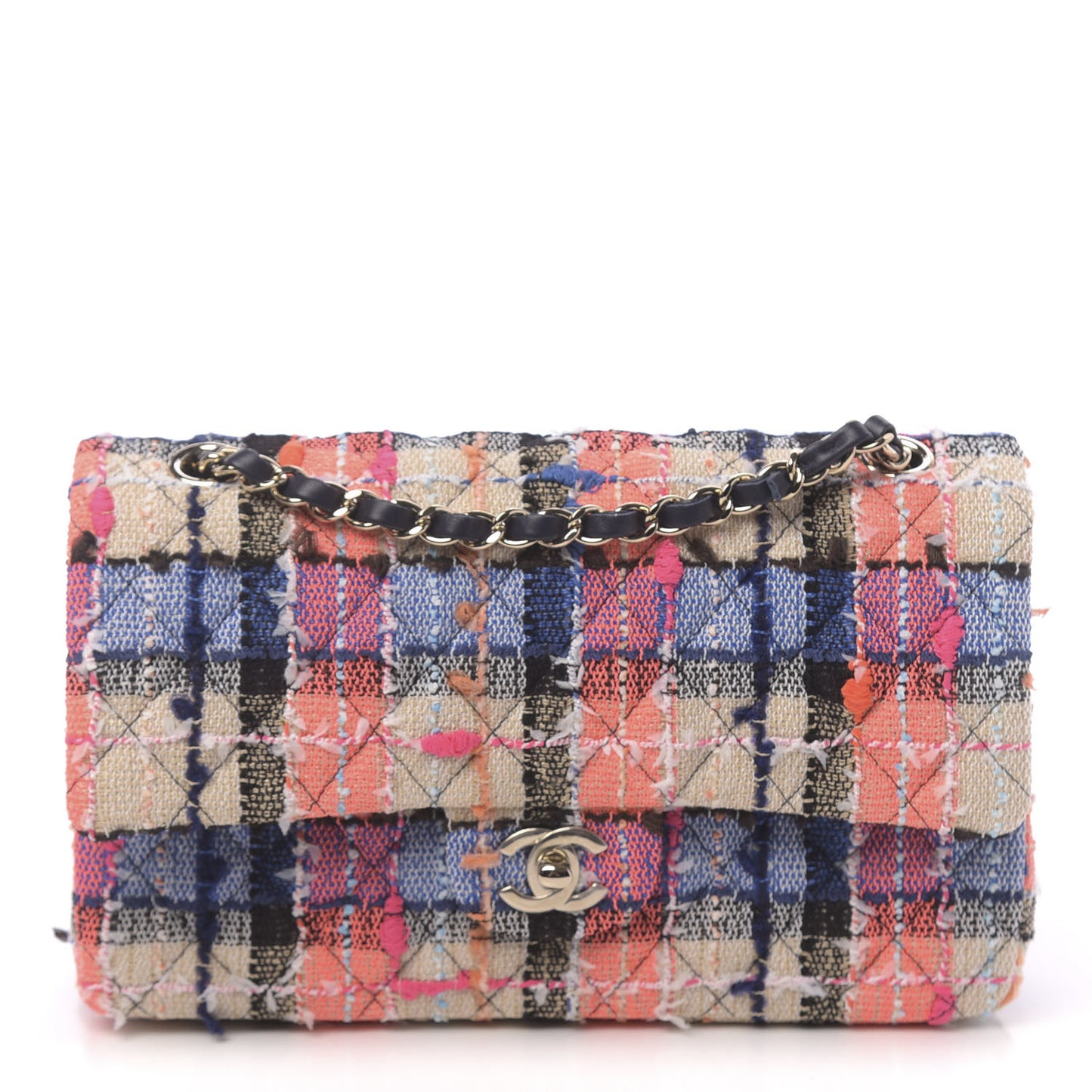 Tweed Quilted Medium Double Flap Blue Orange Yellow