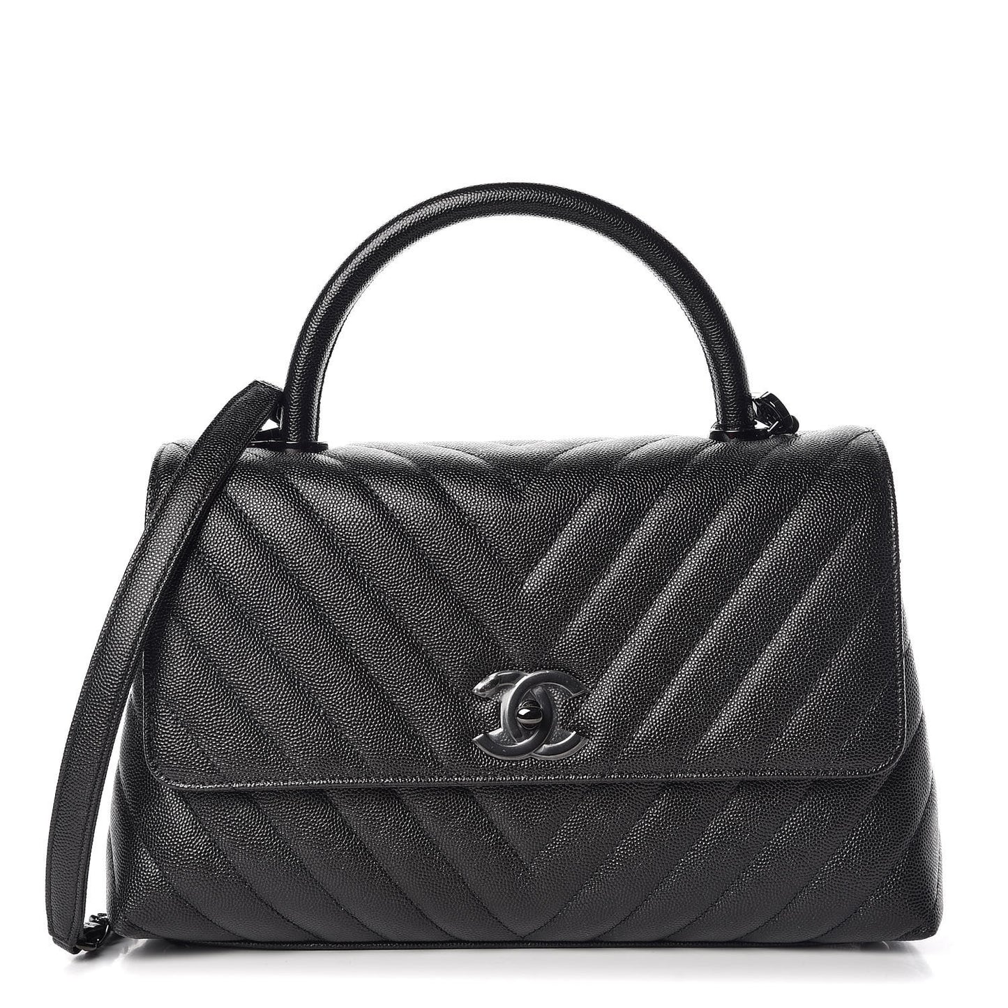 Caviar Chevron Quilted Small Coco Handle Flap So Black