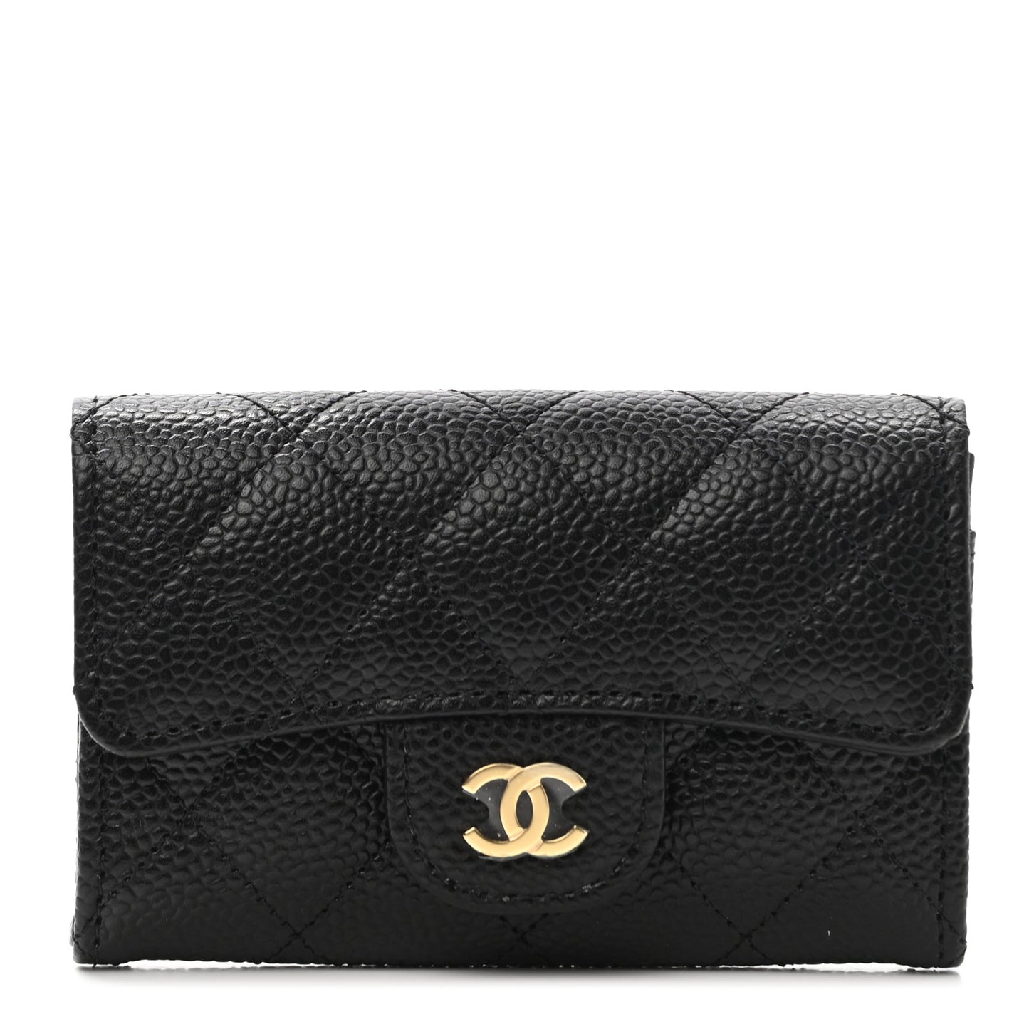 Caviar Quilted Flap Card Holder Wallet Black
