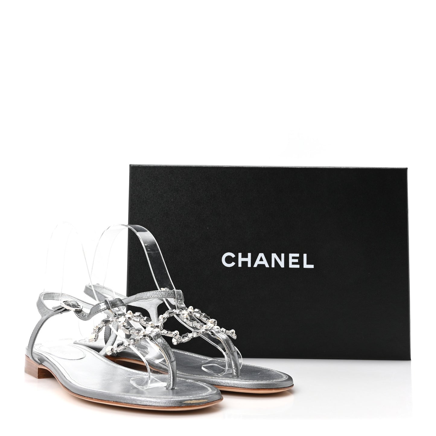 Metallized Lambskin CC Crystal Thong Sandals 38 Silver