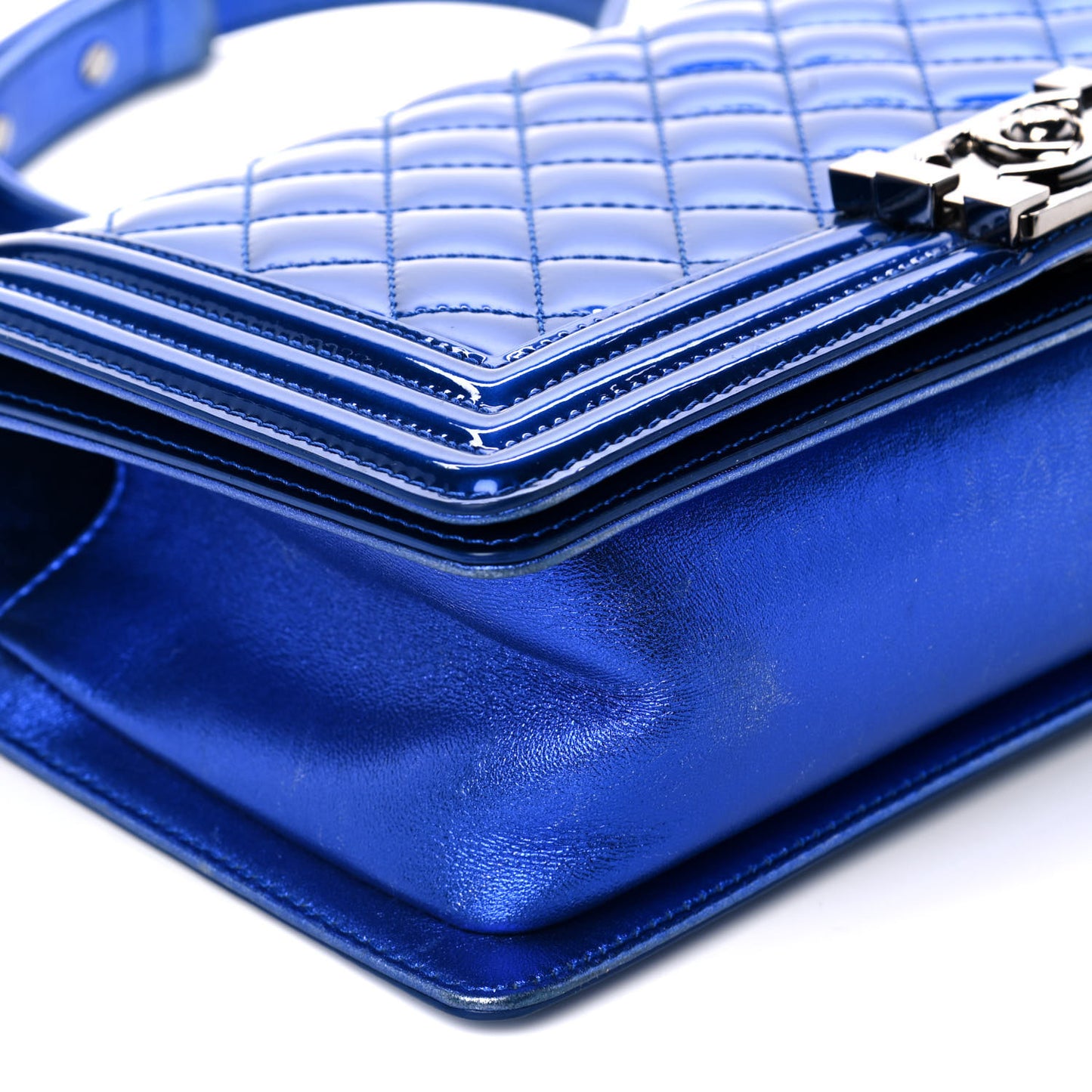 Metallic Patent Quilted Medium Boy Flap Blue