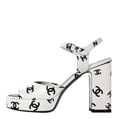 Chanel Printed Lambskin Coco Beach Platform Sandals 40 White Black 1 of 9
