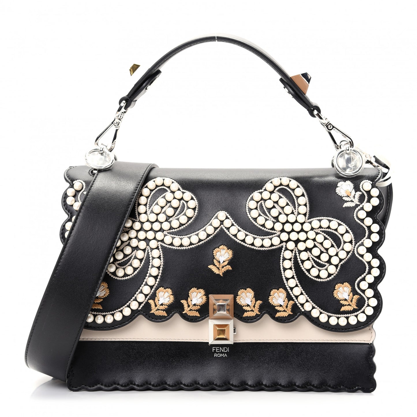 Vitello Liberty Pearl Bi-Color Flowers and Bows Scalloped Studded Kan I Shoulder Bag Black Camelia