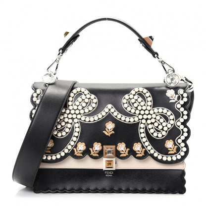 Fendi Vitello Liberty Pearl Bi-Color Flowers and Bows Scalloped Studded Kan I Shoulder Bag Black Camelia 1 of 9