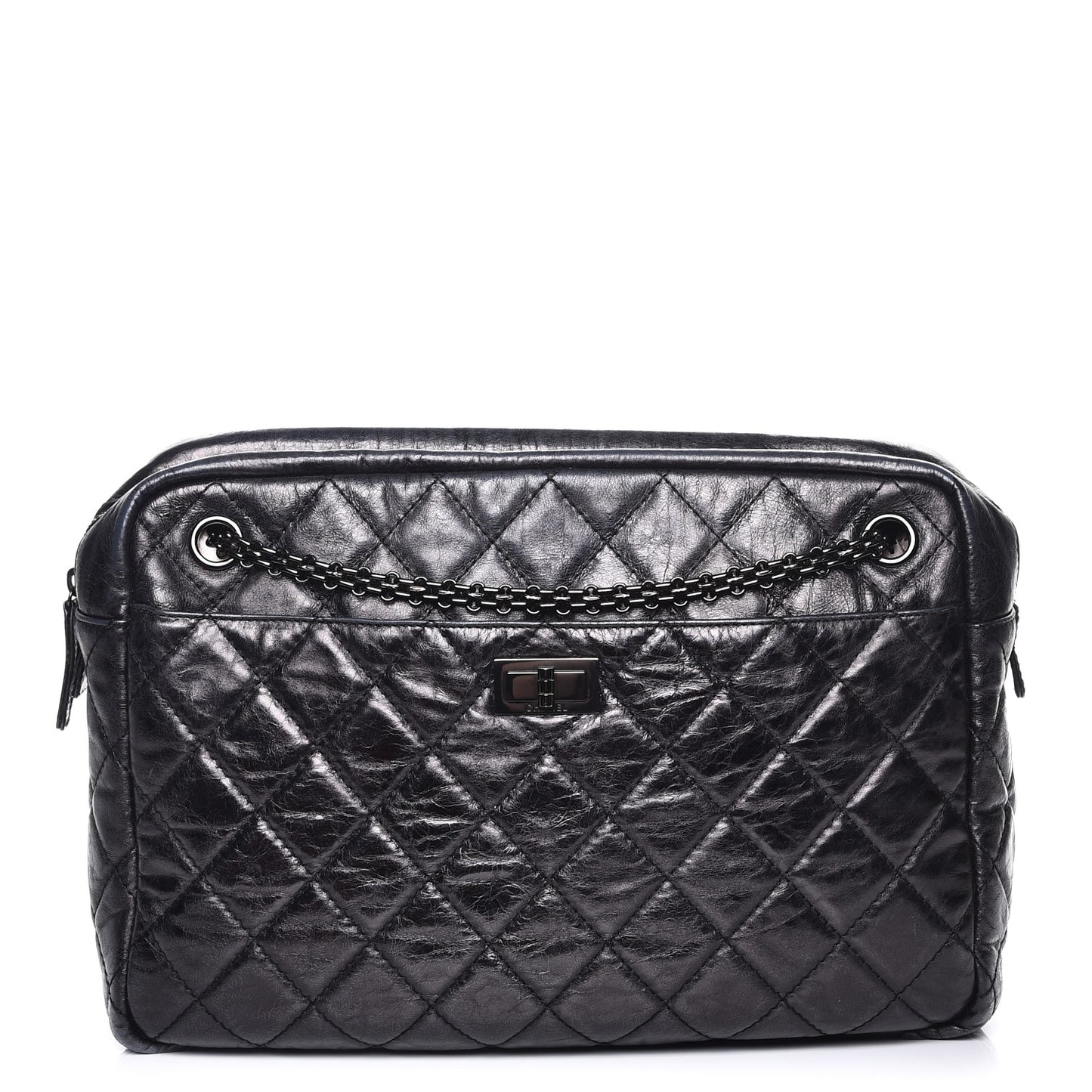 Metallic Aged Calfskin Quilted Large Reissue Camera Case Black