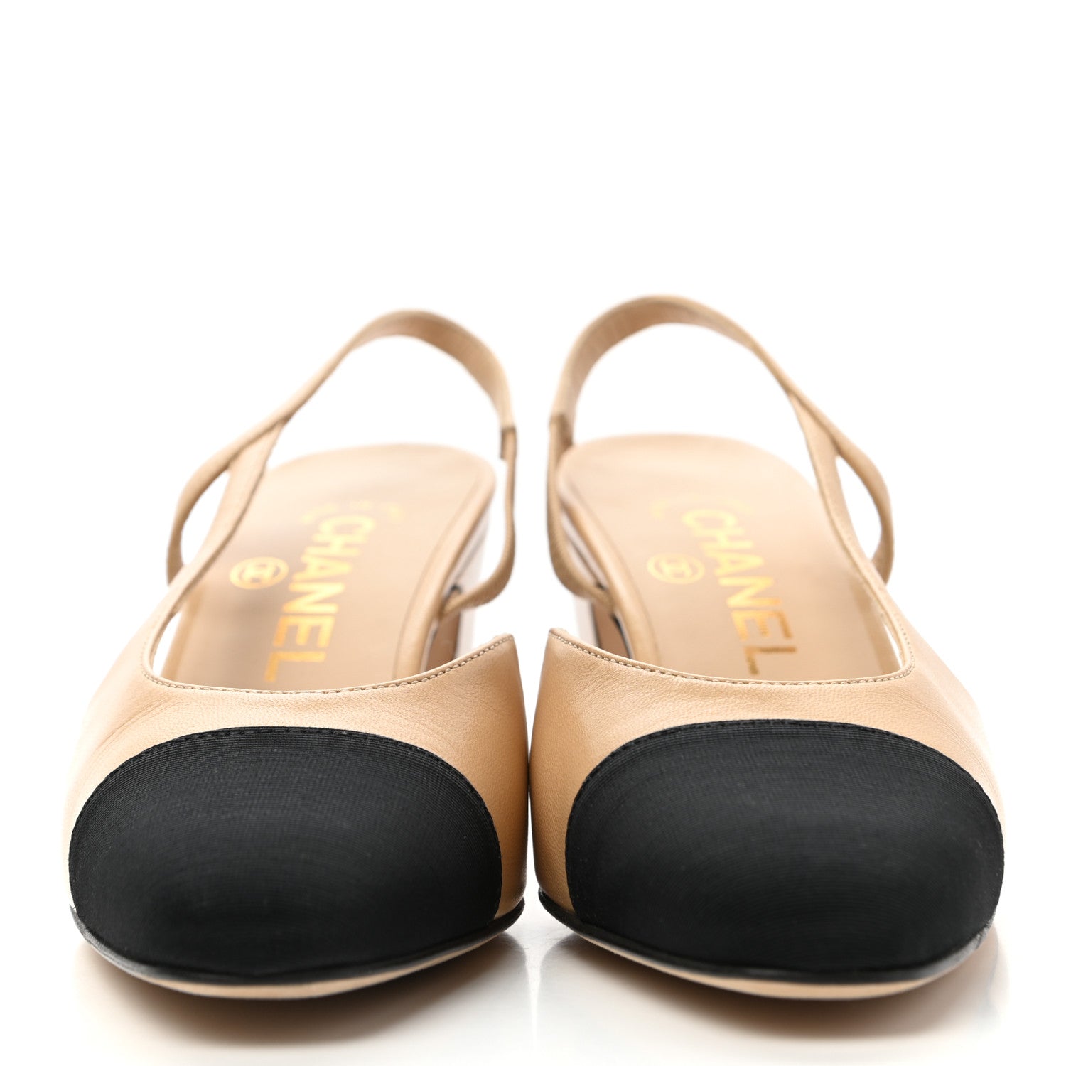 Chanel Goatskin Grosgrain Cap Toe CC Slingback Pumps 35 Beige Black 2 of 9