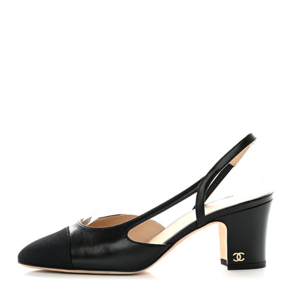 Chanel Goatskin Grosgrain Cap Toe CC Slingback Sandals 36 Black 1 of 9