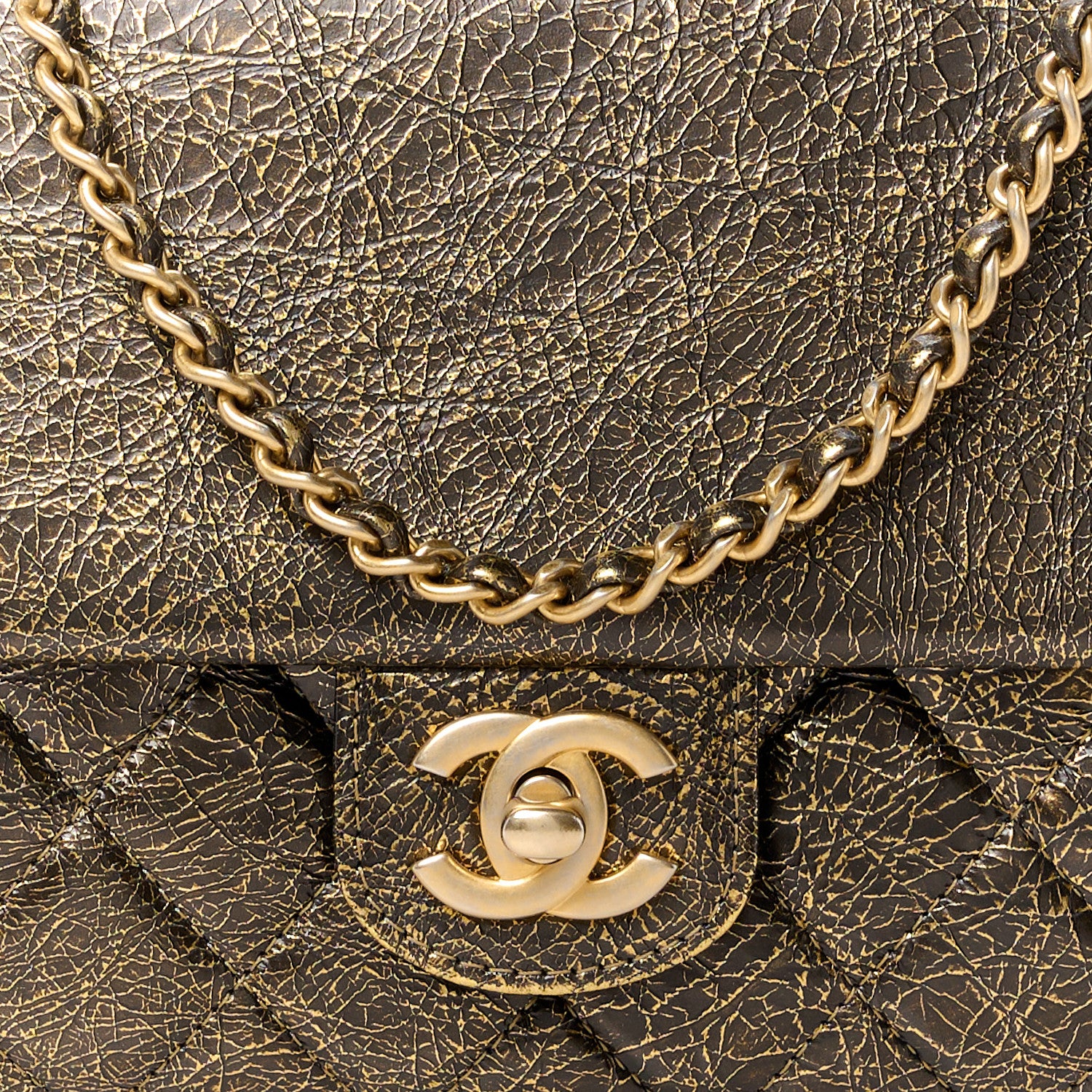 Chanel Cracked Metallic Calfskin Quilted Zip Away Chain Clutch Gold 10 of 13