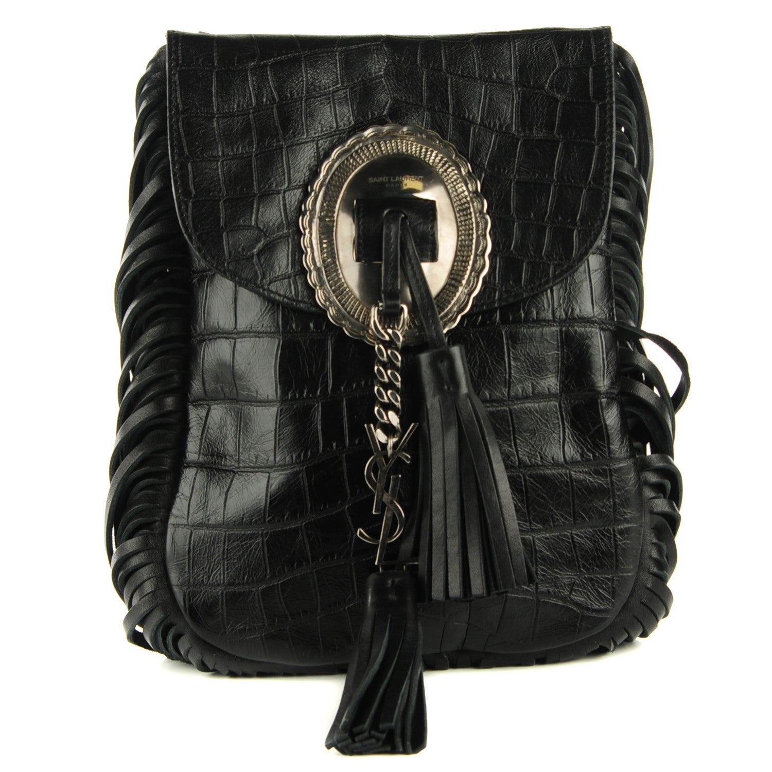 Saint Laurent Calfskin Crocodile Embossed Tasseled Flat Anita Bag Black 1 of 7