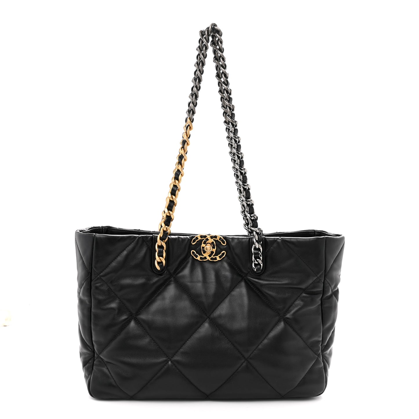Lambskin Quilted Chanel 19 East West Shopping Bag Black