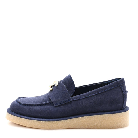 Suede Calfskin Pearl CC Moccasin Loafers 37 Navy