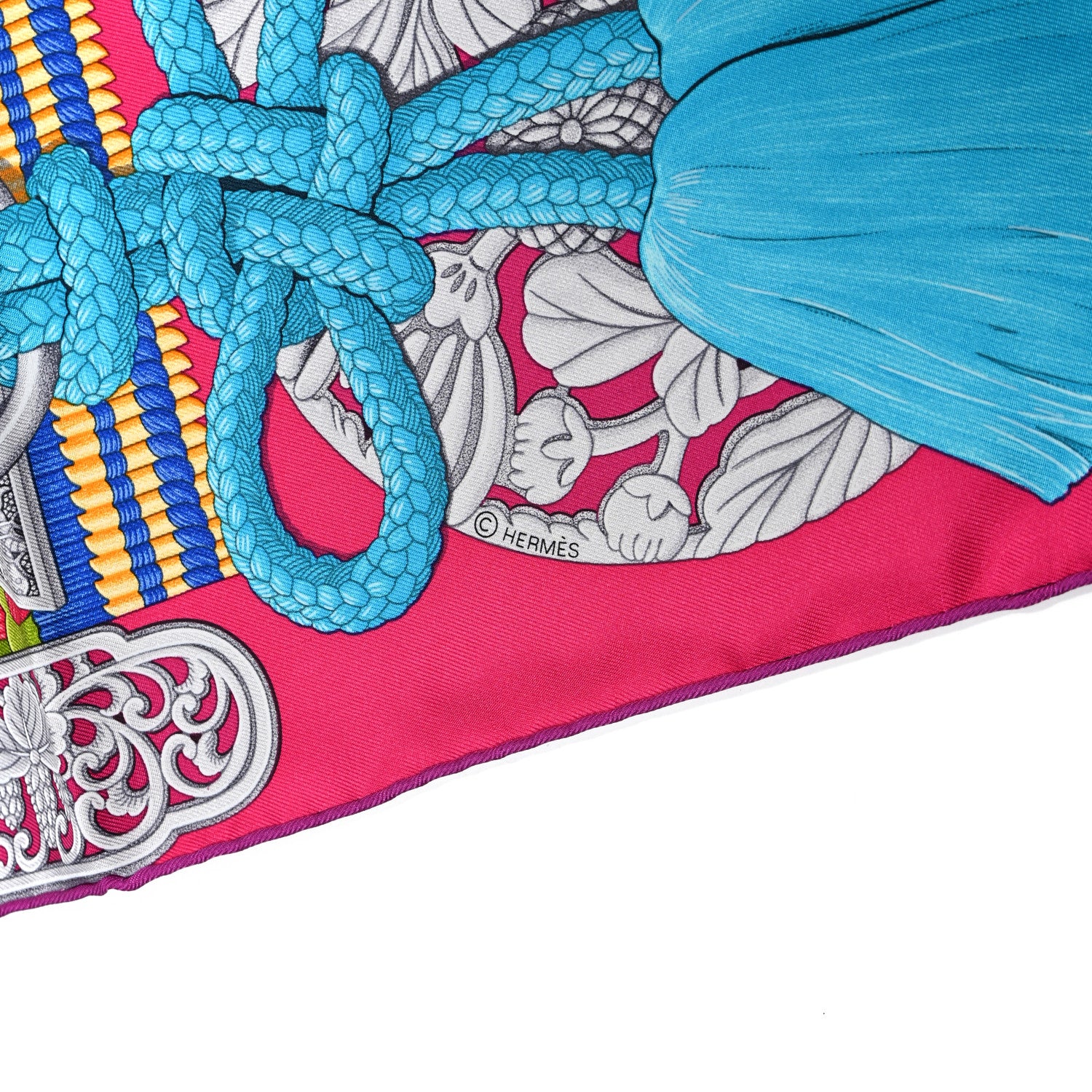 Hermes Silk Parures de Samouraïs Scarf 90 Rose Indien Vert Turquoise 3 of 3