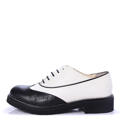 Chanel Calfskin Embossed Lace Up Oxfords 37 White Black 1 of 9