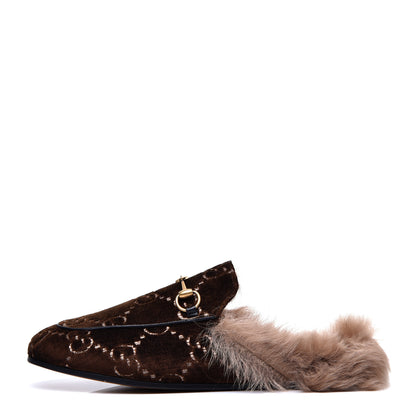 Gucci Velvet GG Monogram Fur Womens Princetown Slippers 38 Brown Black Natural 1 of 8