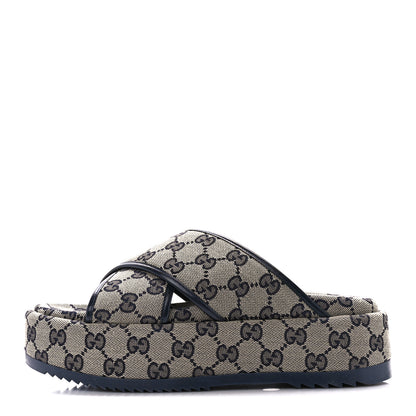 Gucci Monogram Criss Cross Platform Slide Sandals 37 Beige Blue 1 of 10
