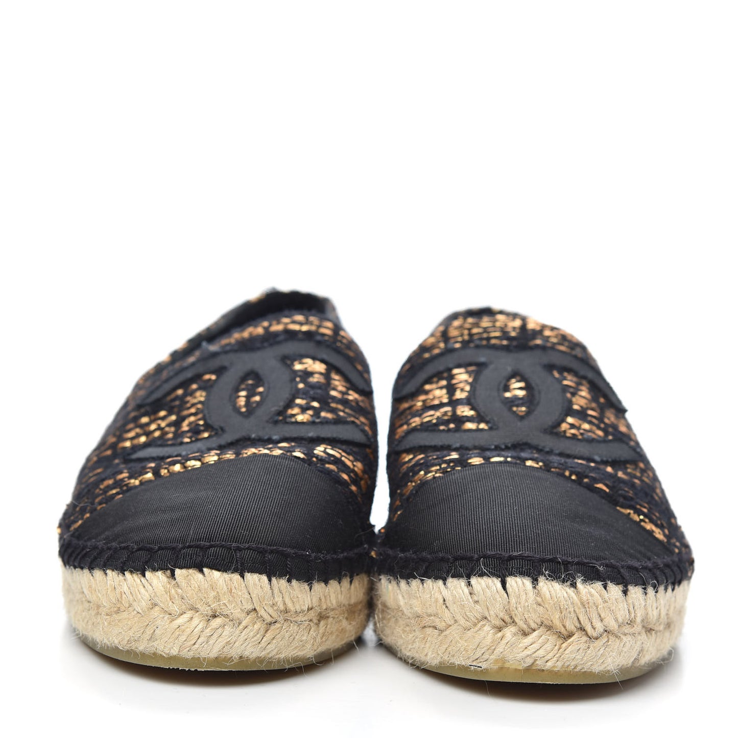 Metallic Tweed Grosgrain CC Espadrilles 40 Black Gold