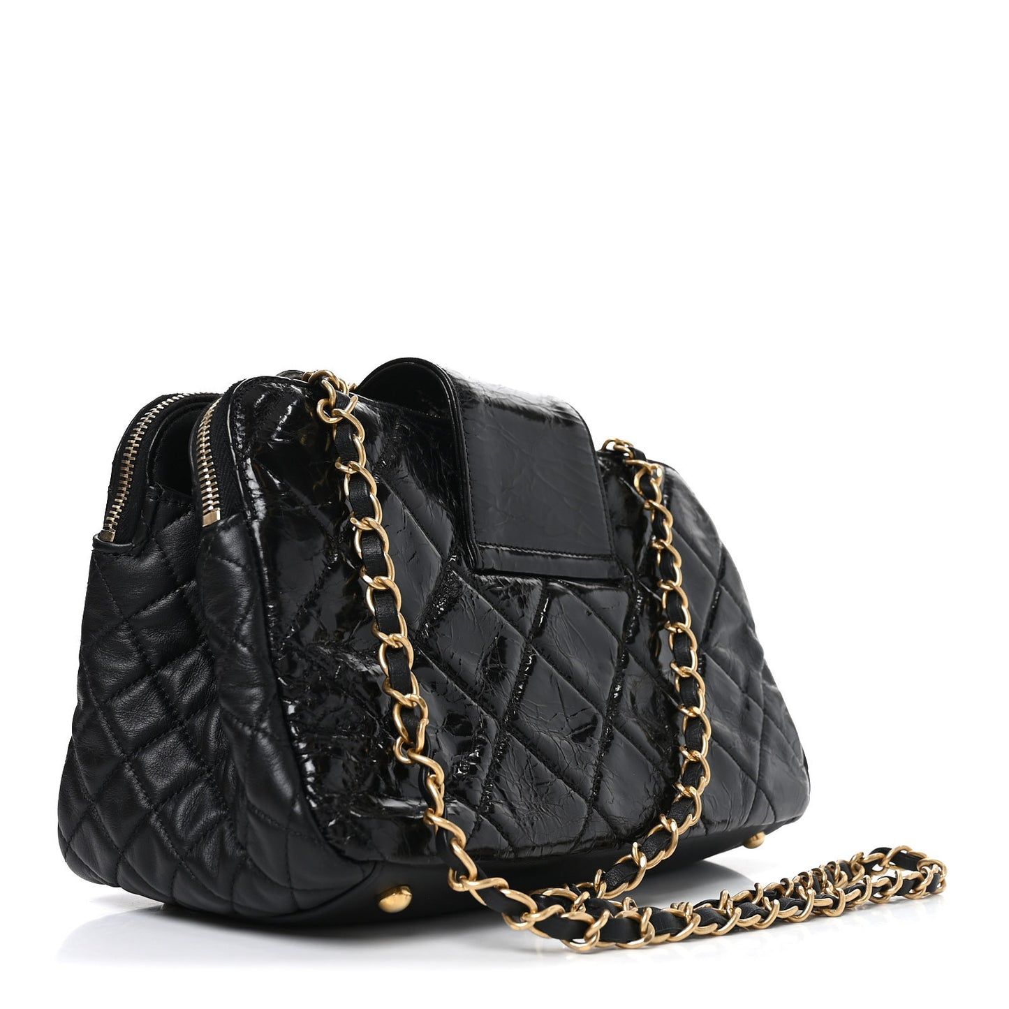 Glazed Crinkled Lambskin Small Reissue Zip Shopping Tote Black