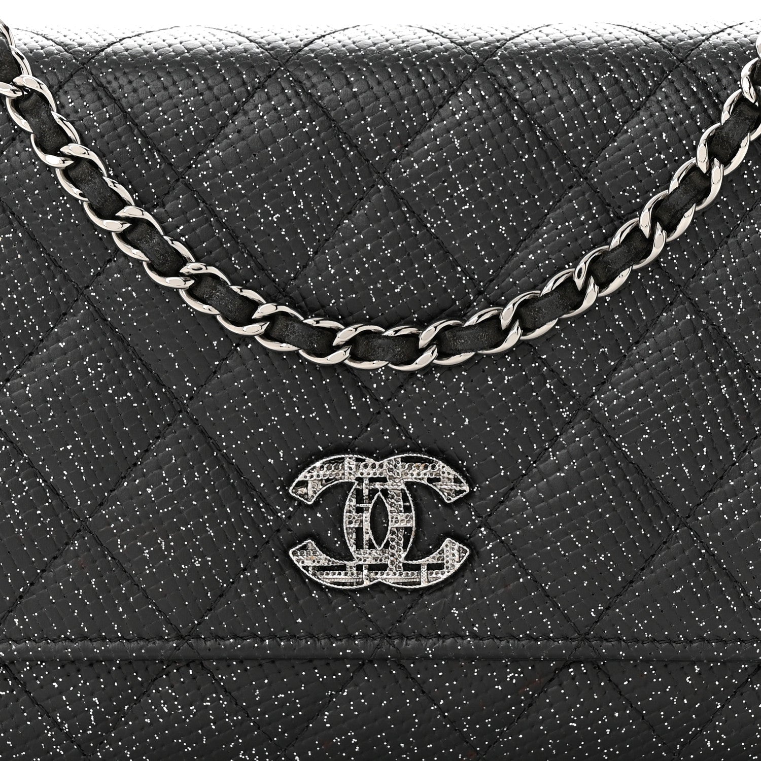 Chanel Glitter Calfskin Quilted Wallet on Chain WOC Black Silver 9 of 13