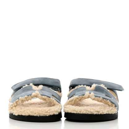 Hermes Suede Goatskin Woolskin Womens Chypre Sandals 38 Bleu Pinede Ecru 2 of 11