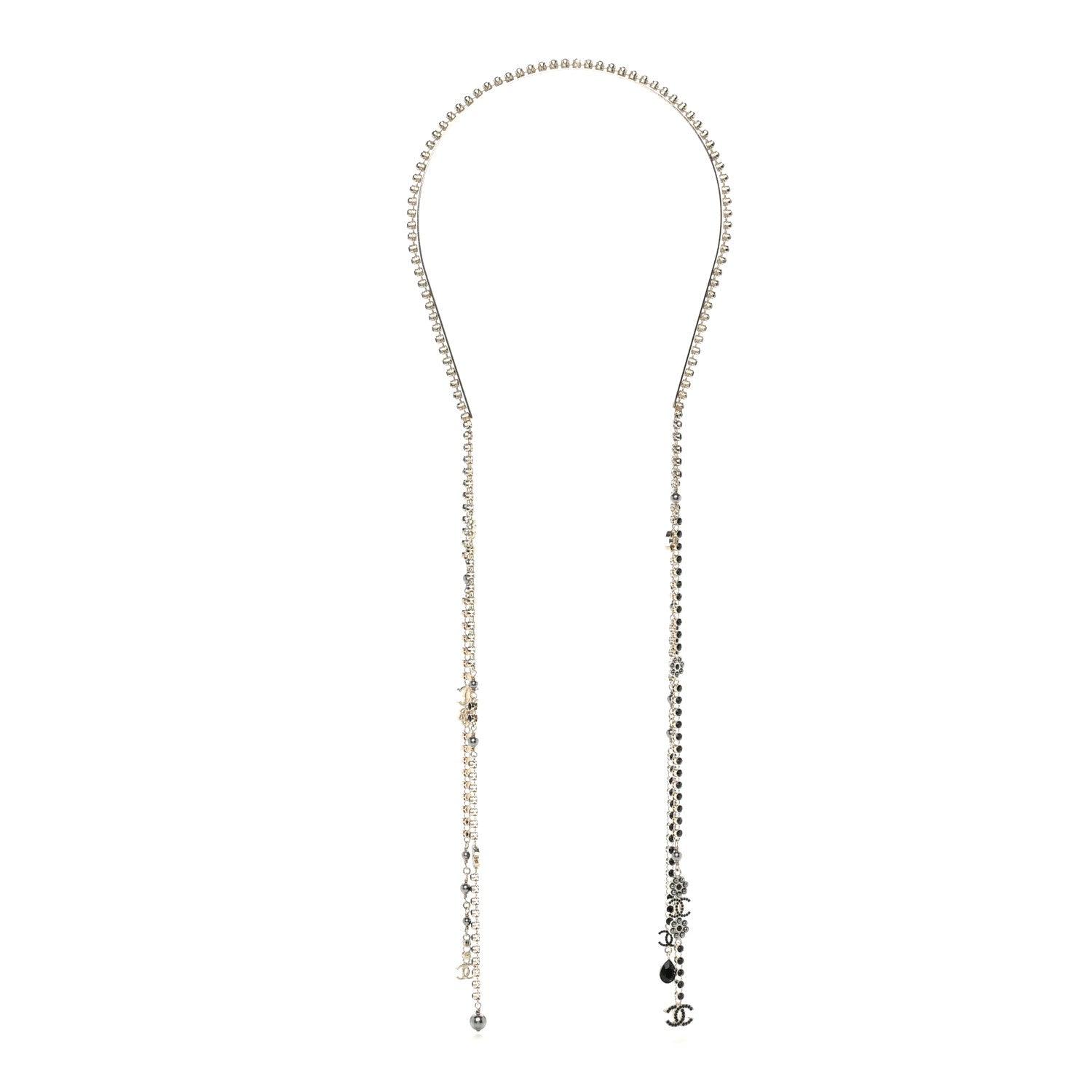 Chanel Metal Crystal Pearl CC Chandelier Headband Gold Black Grey 1 of 7