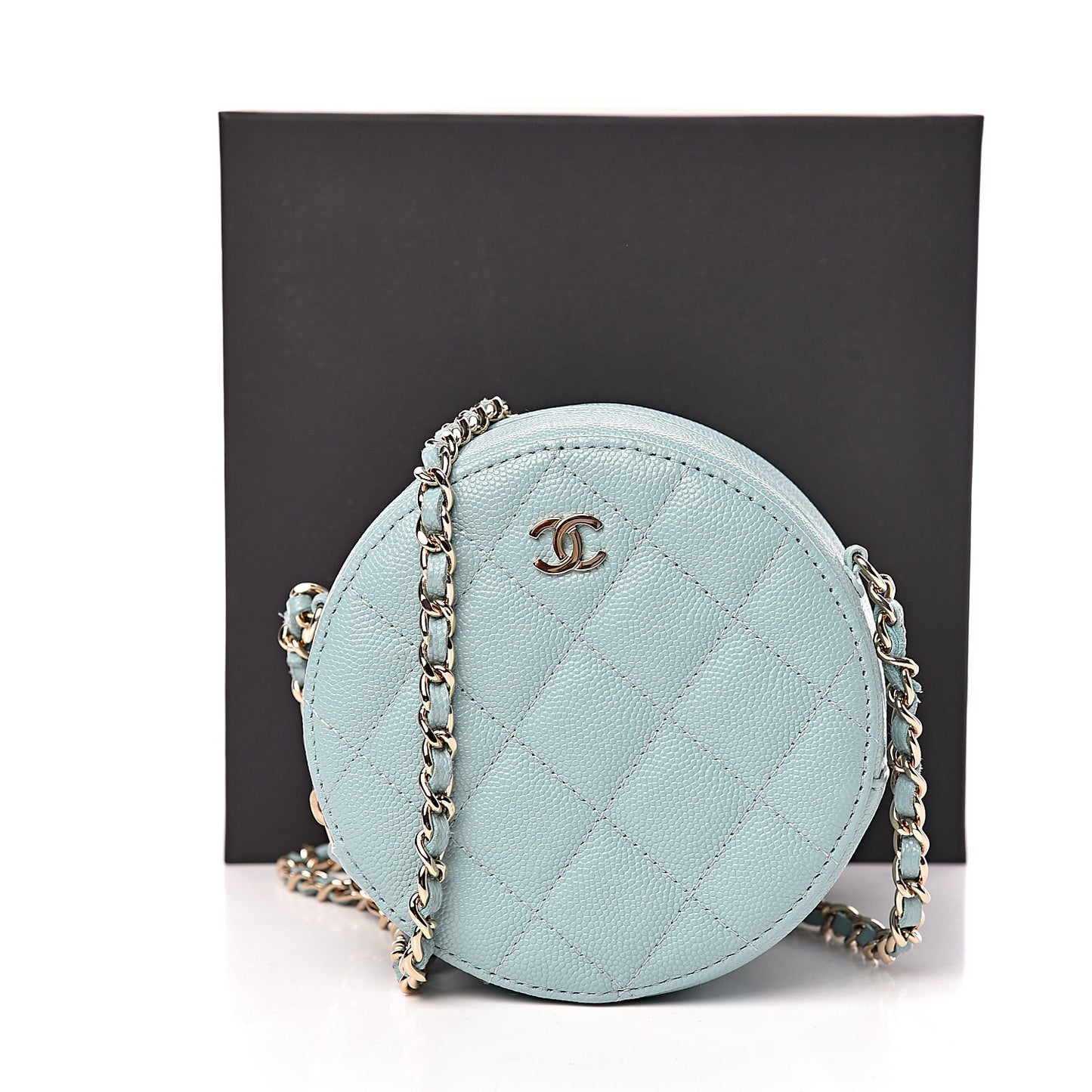 Caviar Quilted Round Clutch With Chain Light Blue