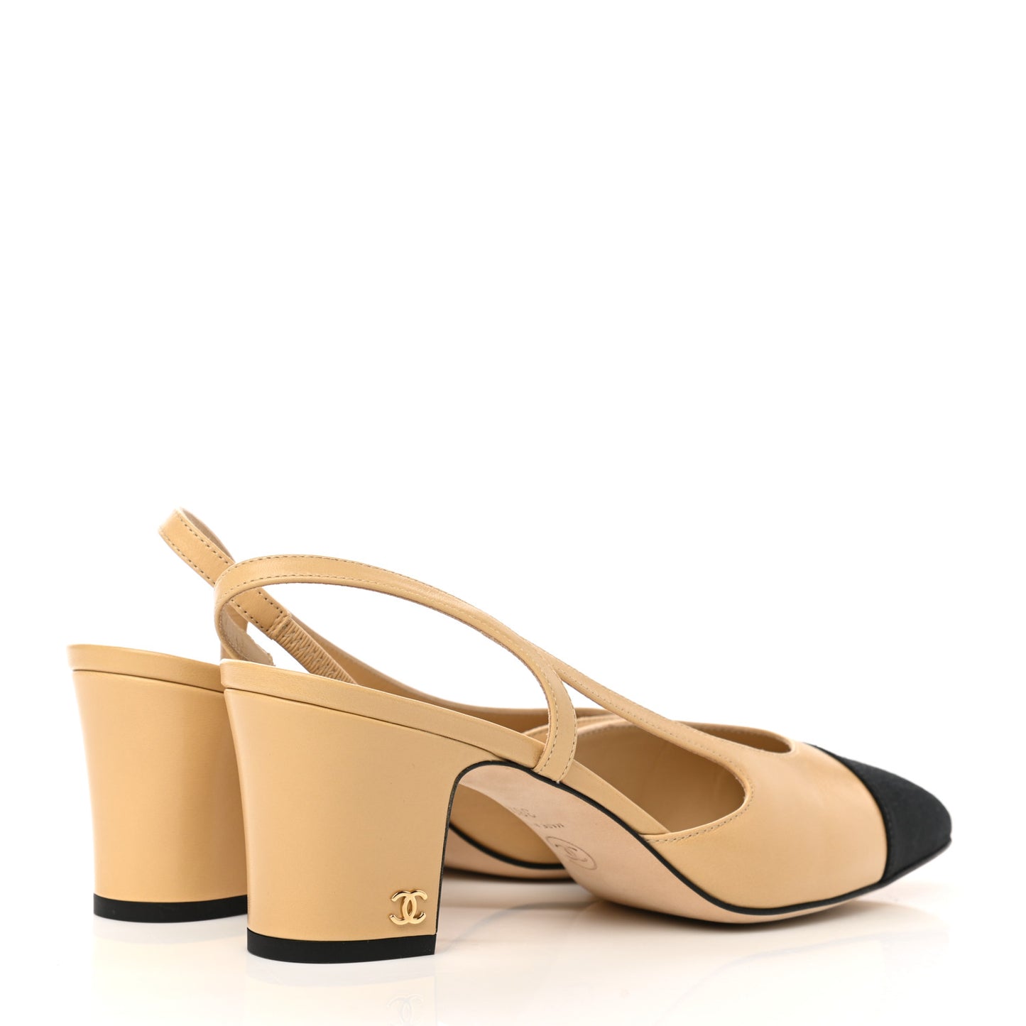 Goatskin Grosgrain Cap Toe CC Slingback Pumps 38.5 Beige Black