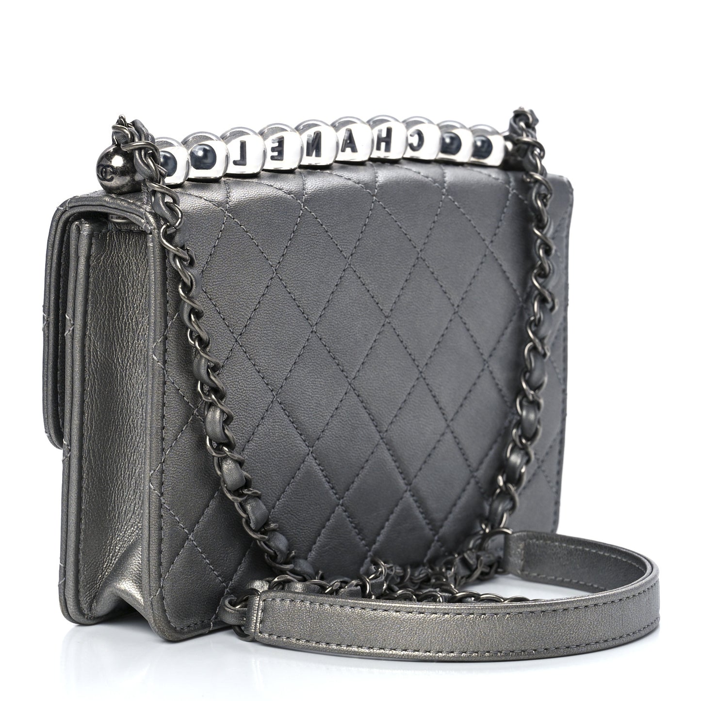 Metallic Goatskin Quilted Small Chic Pearls Flap Silver