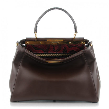 Fendi Smooth Calfskin Python Medium Peekaboo Iconic Satchel Dark Brown Ruby 1 of 10