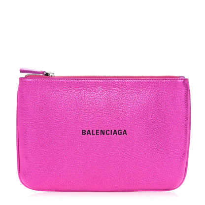 Balenciaga Metallic Goatskin Logo Large Everyday Zip Pouch Rose Fuchsia Black 1 of 7