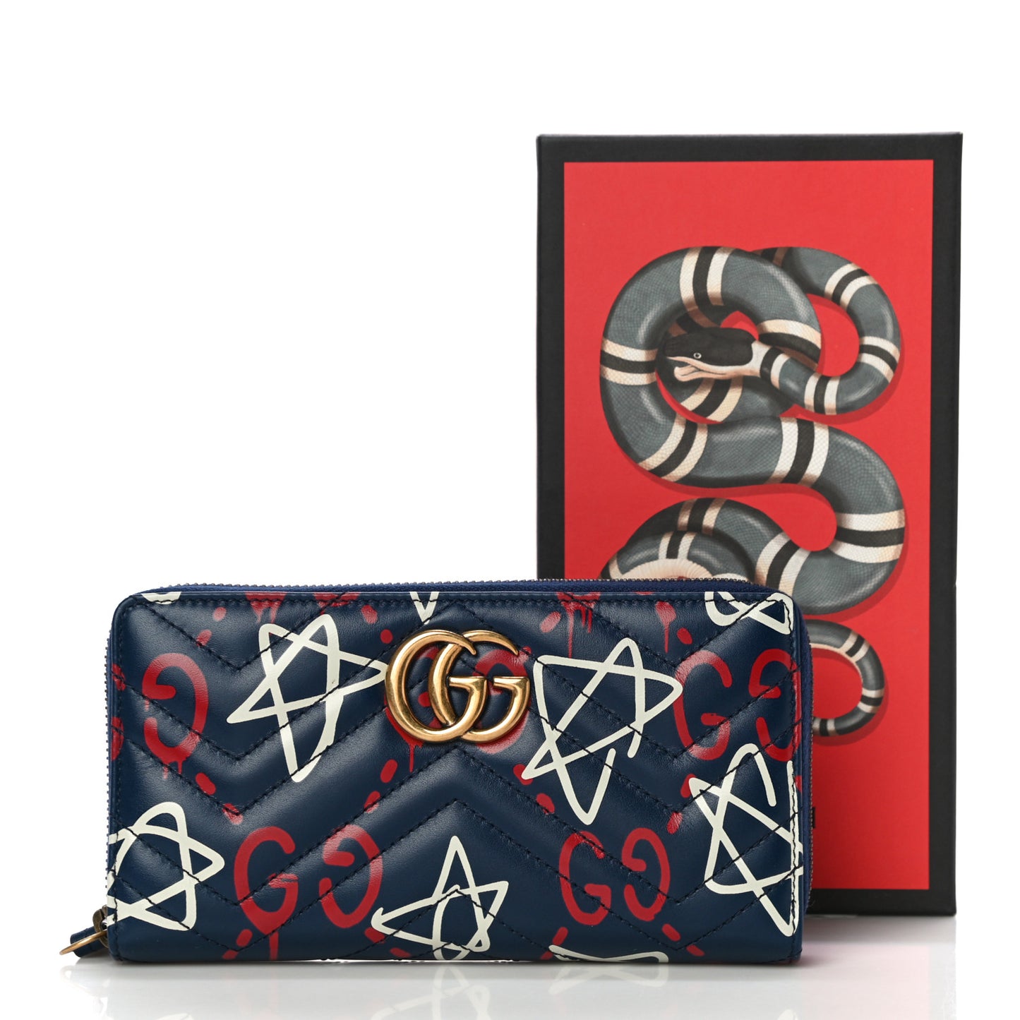 Calfskin Matelasse GucciGhost GG Marmont Zip Around Wallet Blue Agata Hibiscus Red