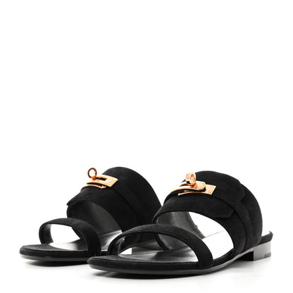 Hermes Suede Goatskin Avenue Sandals 36 Black 3 of 9