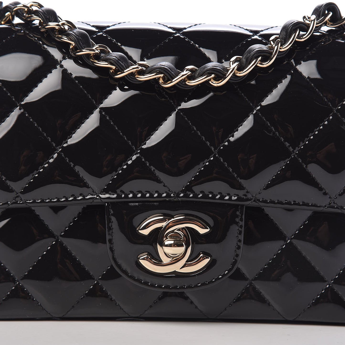 Patent Calfskin Quilted Mini Rectangular Flap Black