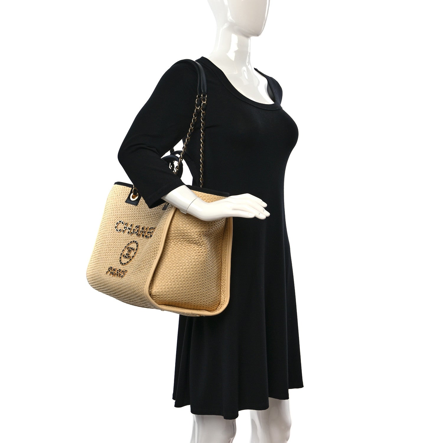 Chanel Straw Raffia Calfskin Chain Medium Deauville Tote Beige Black 2 of 12