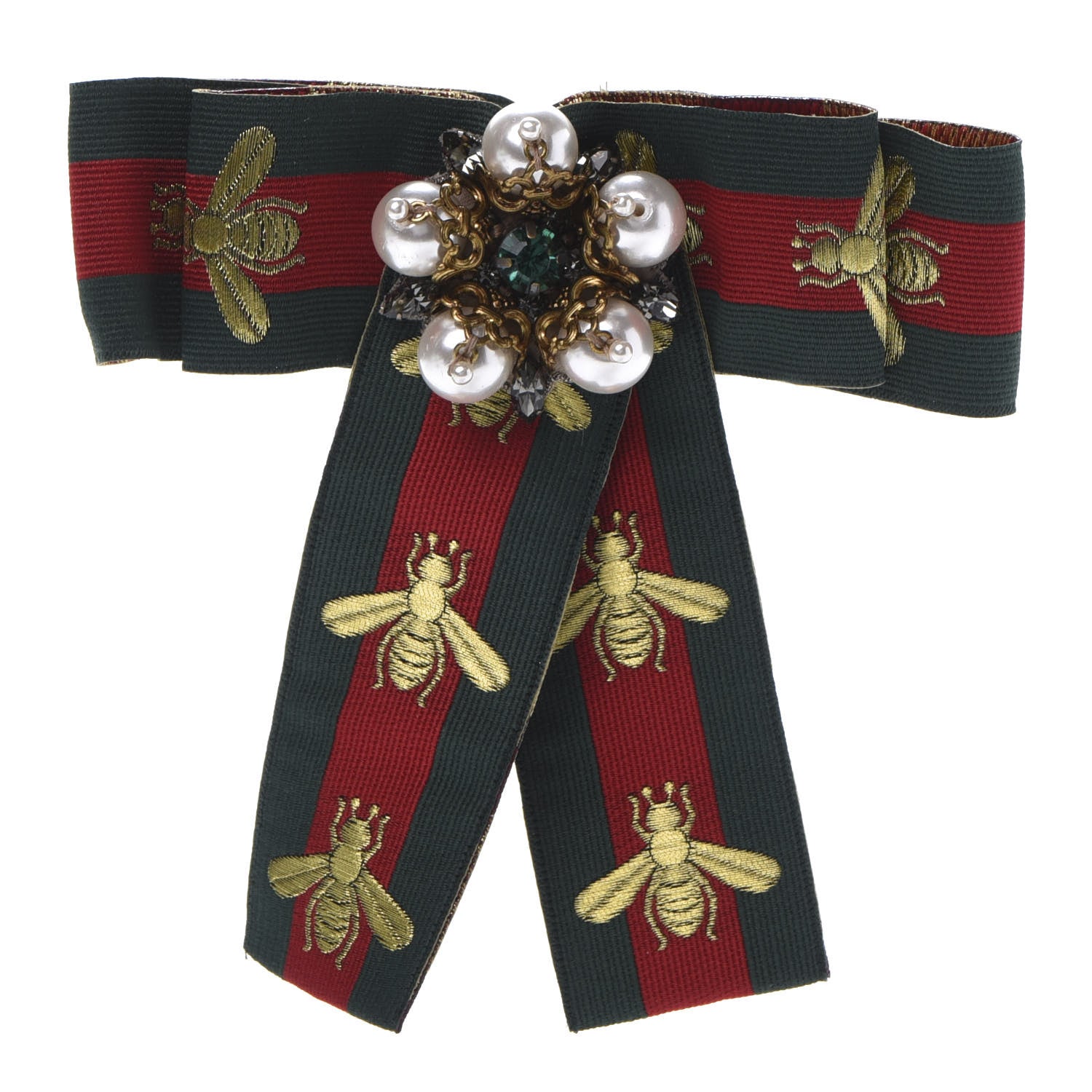 Gucci Ribbon Web Bow Bee Pearl Brooch Red Green 1 of 4
