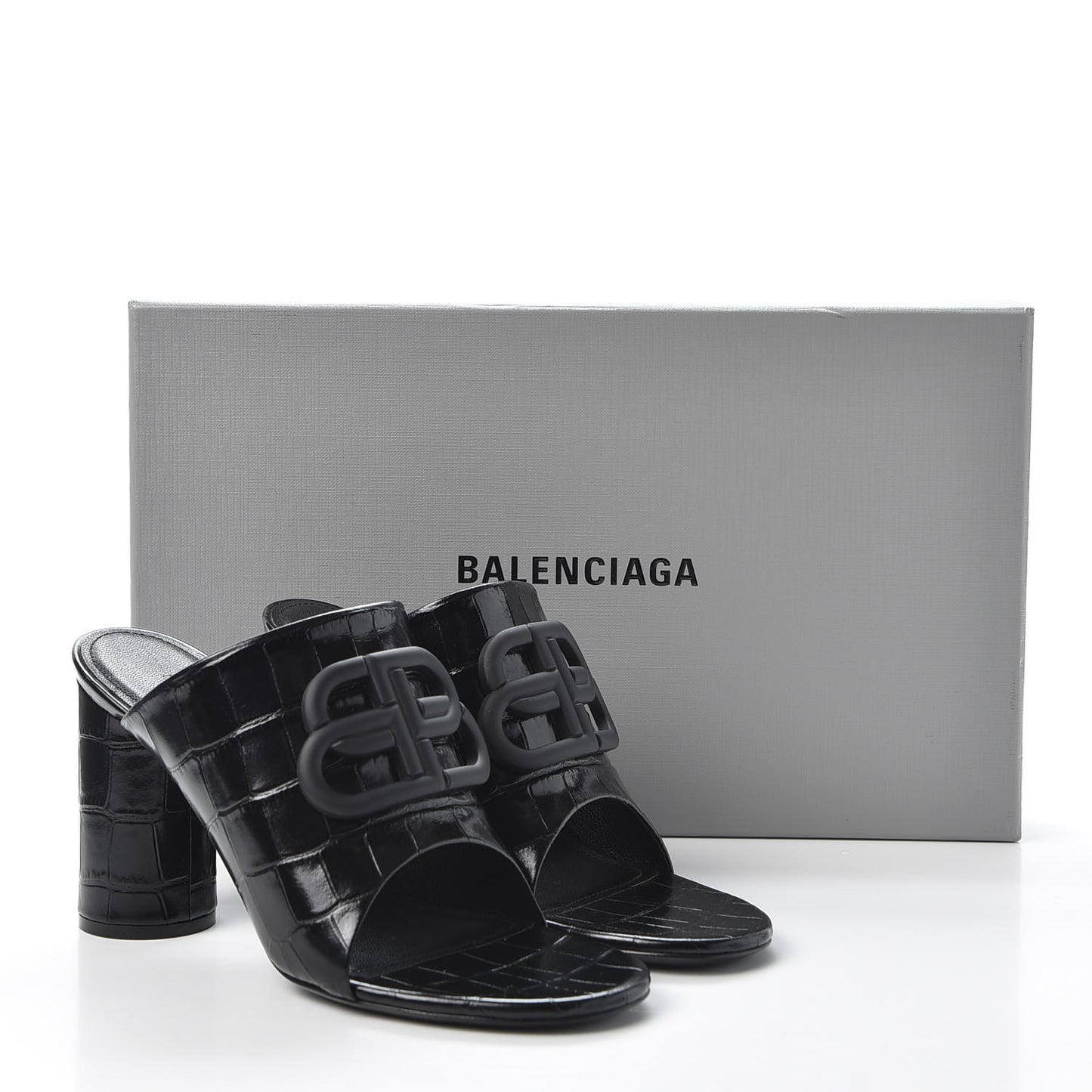 Calfskin Croc Embossed Oval BB 90mm Slide Sandals 36.5 Black
