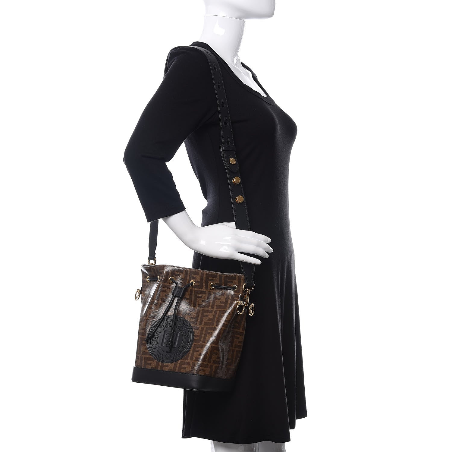 Fendi Glazed Fabric Vitello Grace F is Fendi FF 1974 Stamp Patch Grande Mon Tresor Bucket Bag Mogano Panna Black 2 of 11