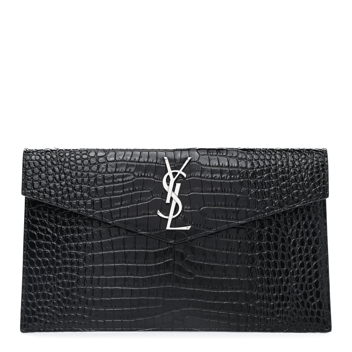Saint Laurent Calfskin Crocodile Embossed Uptown Monogram Clutch Black 1 of 6