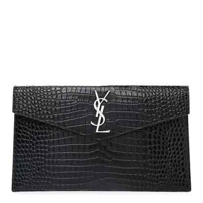 Saint Laurent Calfskin Crocodile Embossed Uptown Monogram Clutch Black 1 of 6