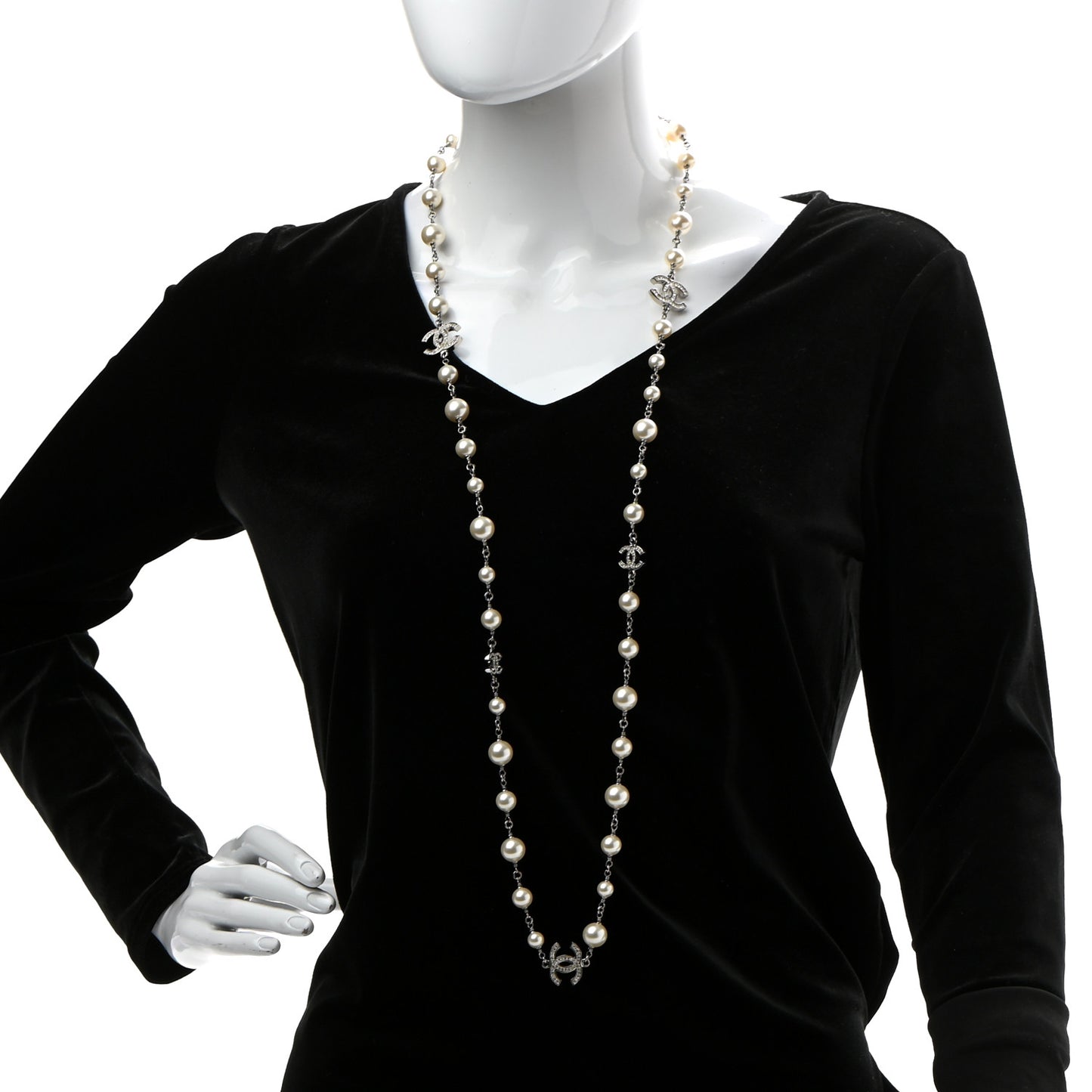 Crystal Pearl CC Long Necklace Silver