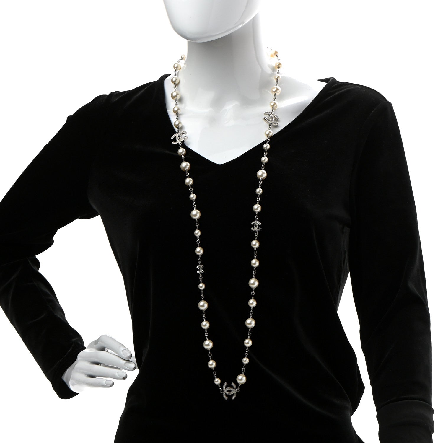 Chanel Crystal Pearl CC Long Necklace Silver 2 of 7