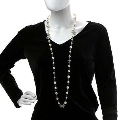 Chanel Crystal Pearl CC Long Necklace Silver 2 of 7