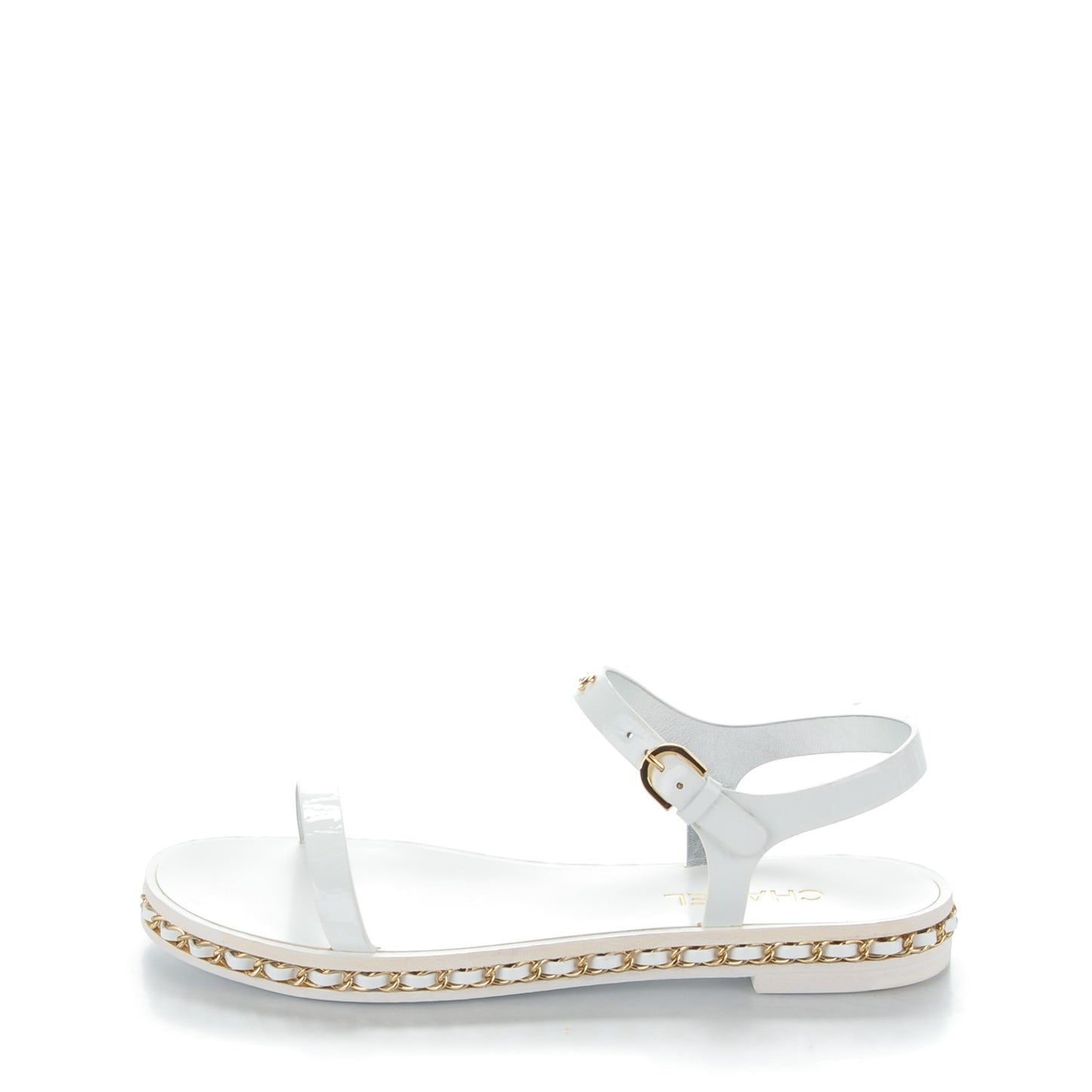 Cumpled Patent Calfskin. Chain Flat Sandals 38 White