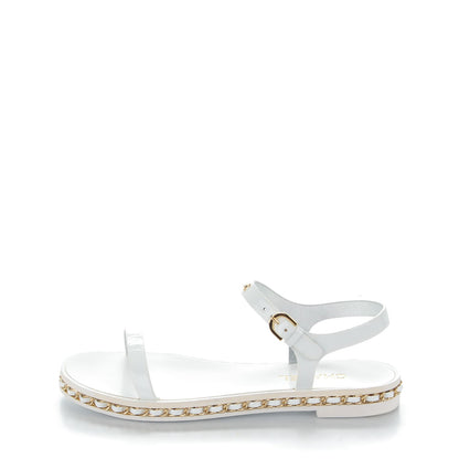Chanel Cumpled Patent Calfskin. Chain Flat Sandals 38 White 1 of 8