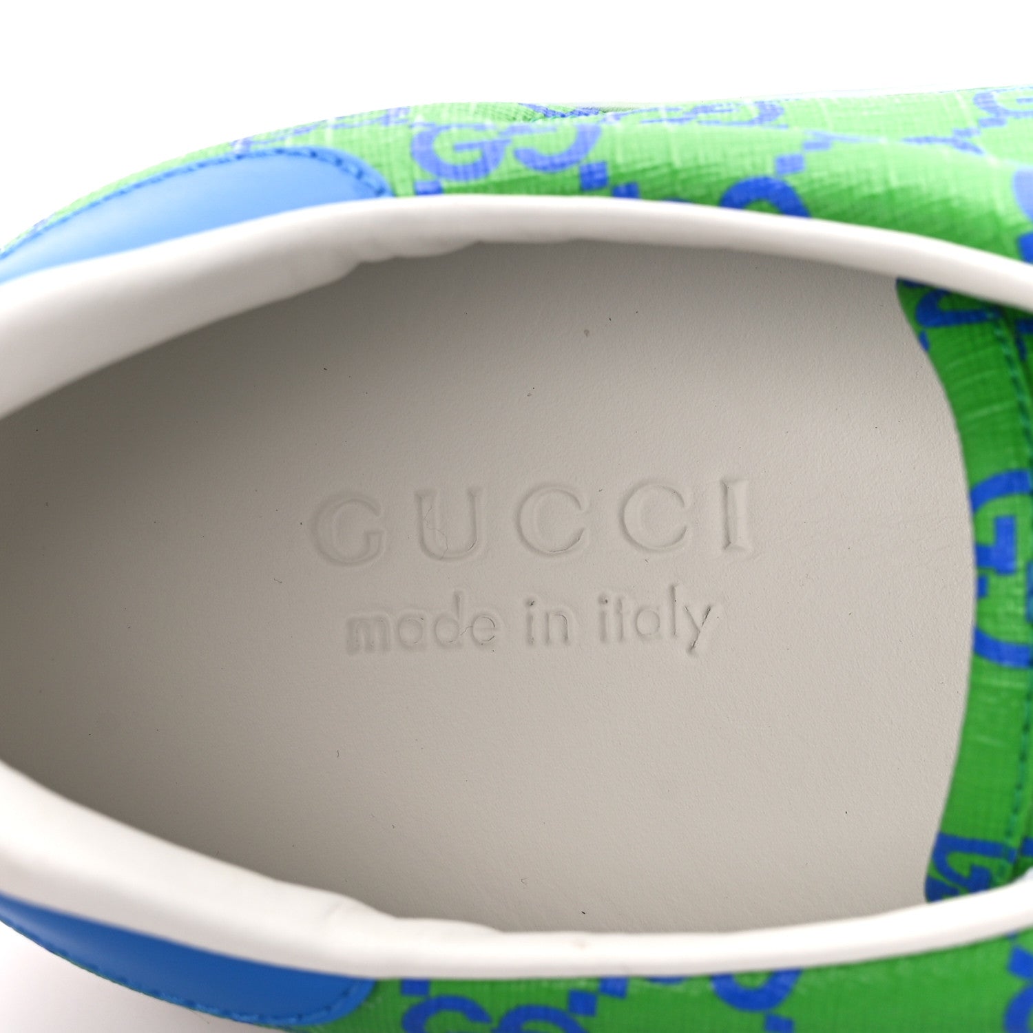 Gucci GG Supreme Joy Monogram Miro Soft Calfskin Mens Ace Sneakers 10 Joy Green Joy Blue Bright Splash 8 of 9
