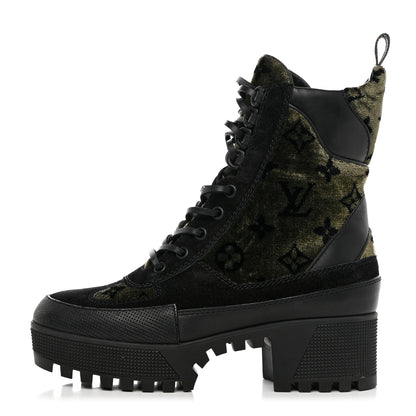 Louis Vuitton Velvet Calfskin Monogram Laureate Platform Desert Boots 37 Black Green 1 of 9